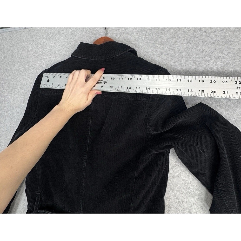 Stradivarius Black Corduroy Trench Coat Belted Goth Academia L VTG Button Up - Picture 16 of 16